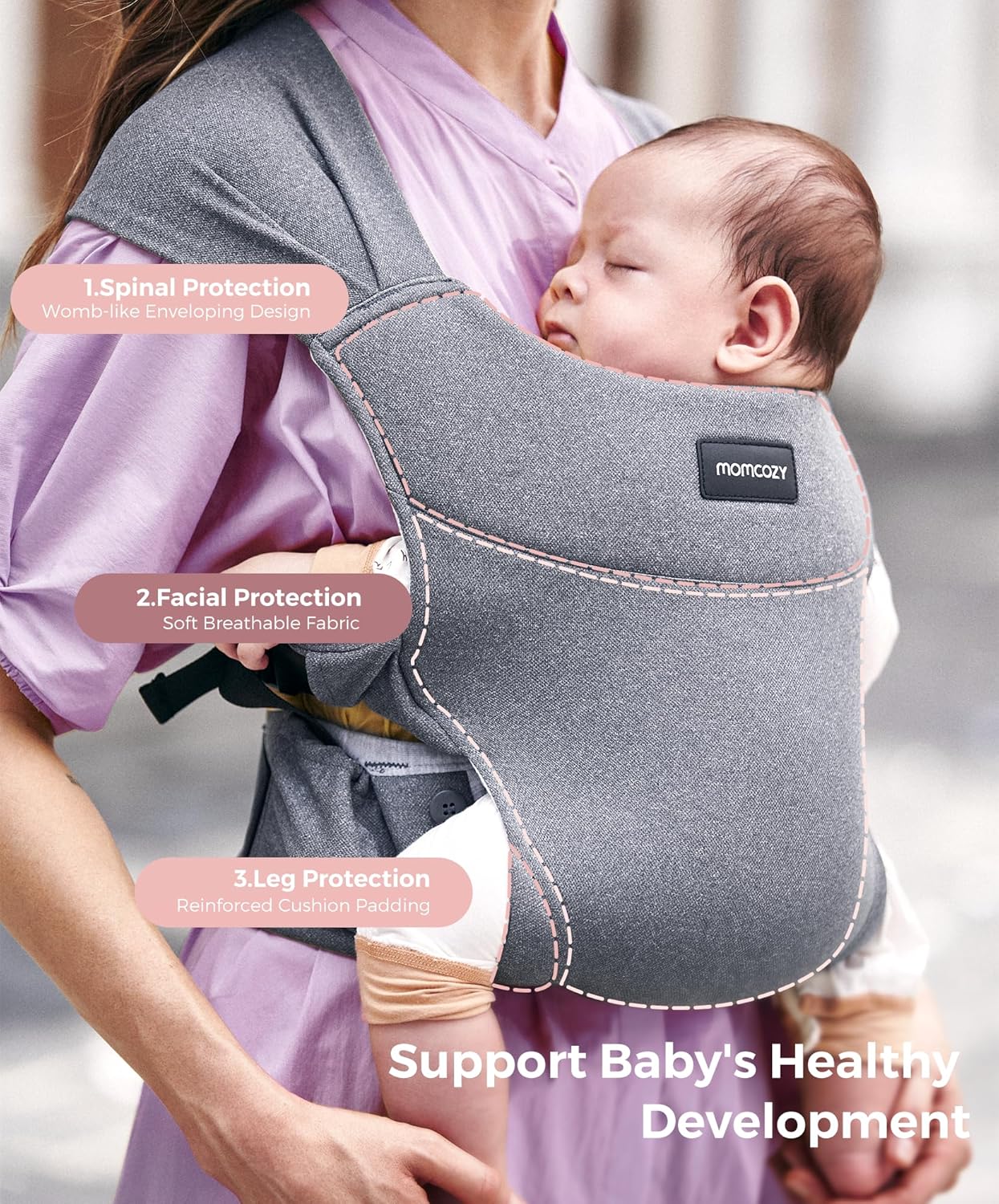 Momcozy Portable Baby Carrier – Compact & Lightweight, Adjustable for Travel, Fold & Go Convenient Storage Hip Pouch, Wide Shoulder Straps, Soft Skin-Friendly Fabric, for Babies 12–35 lbs (Grey)
