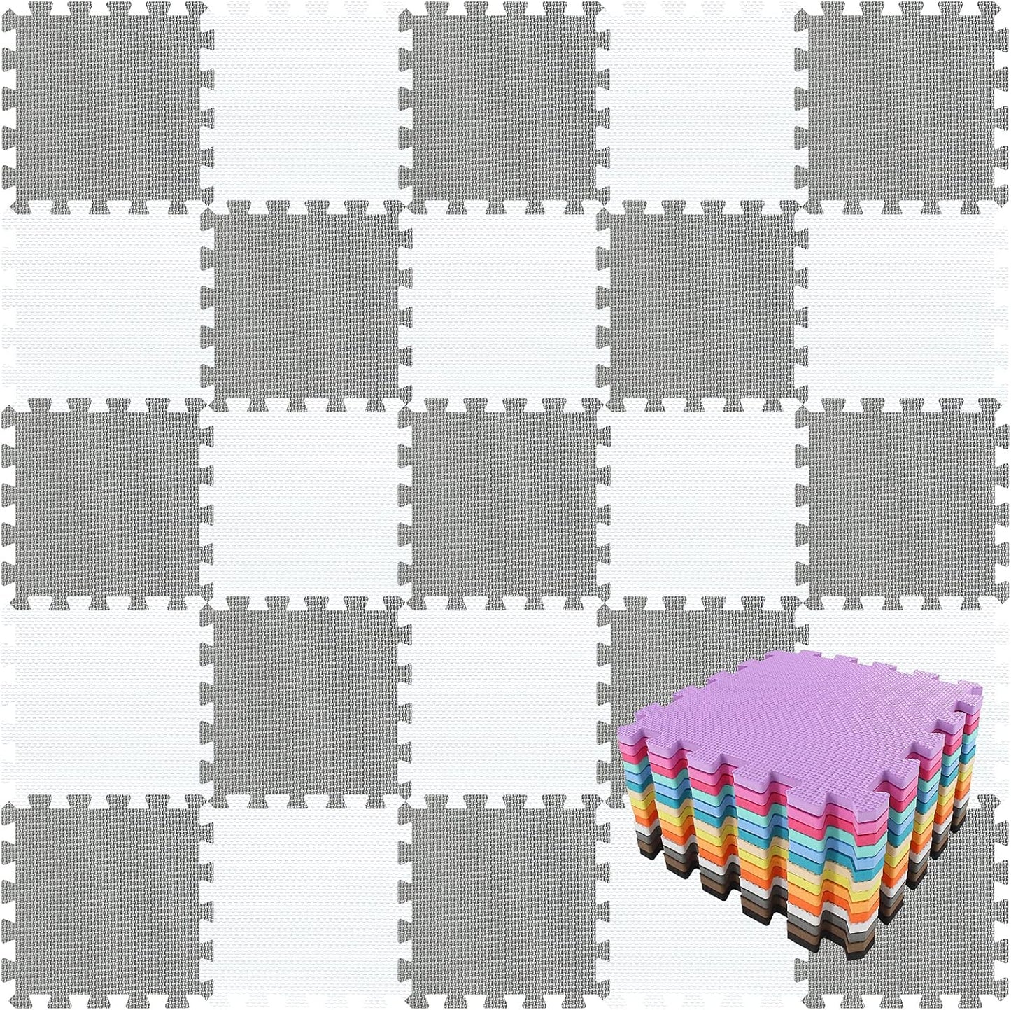 qqpp EVA Rubber 18 Tiles Interlocking Puzzle Foam Floor Mats - Baby Play Mat for Playing | Exercise Mat for Home Workout. White, Gray. QC-ALb18N