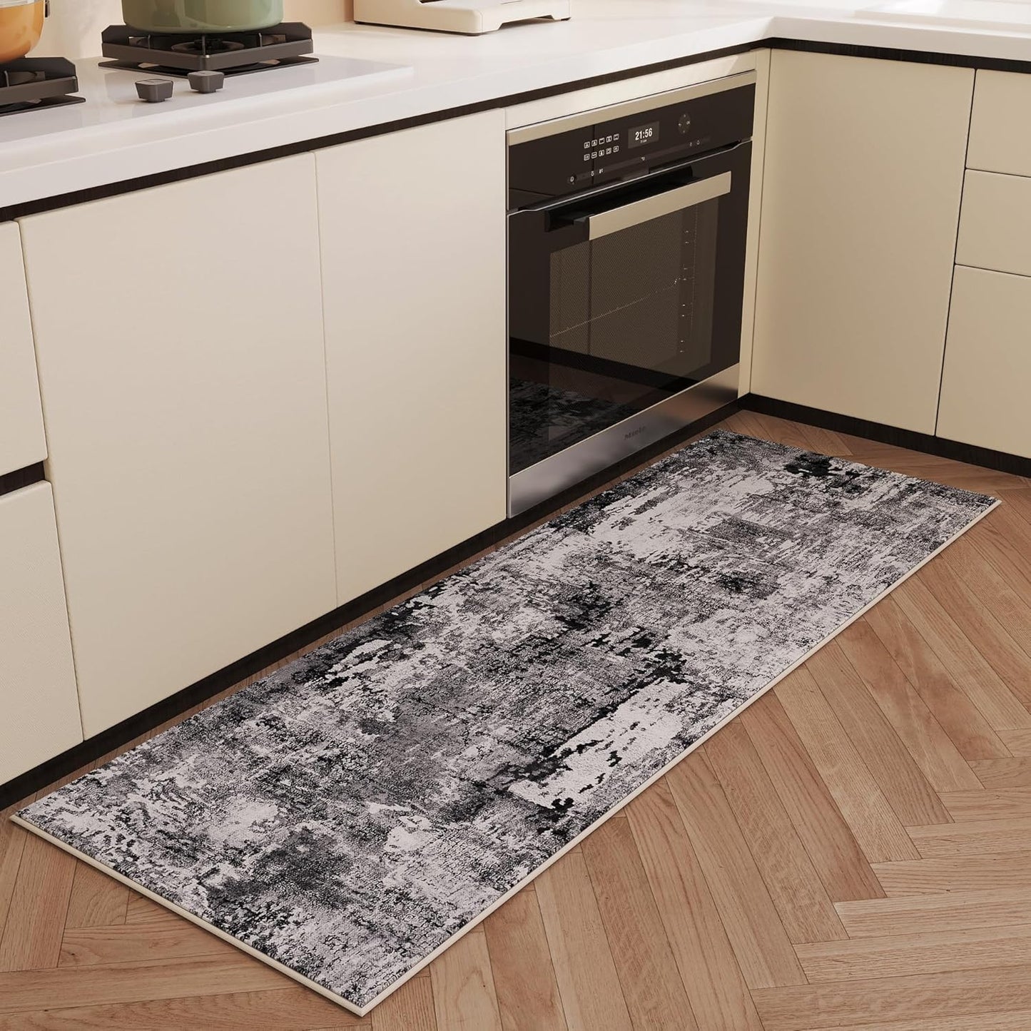 Runner Rug 2'6''x8' Hallway Washable Boho Soft Area Rug Abstract Pattern Non-Slip Faux Wool Vintage for Kitchen, Entryway, Laundry, Bedroom, Grey and Black