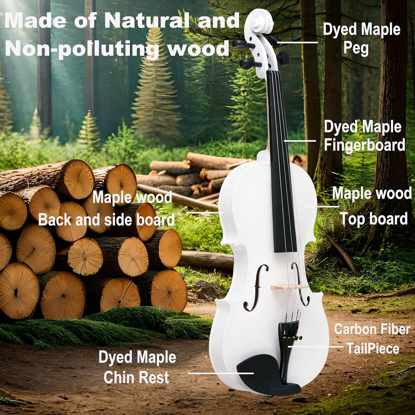 4/4 Full Size Fiddle White Colored Premium Violin Outfit for Beginners Adults Kids With 5 Color Fingering Tape- Handcrafted Student Beginner Violin. (White, 4/4 Full)