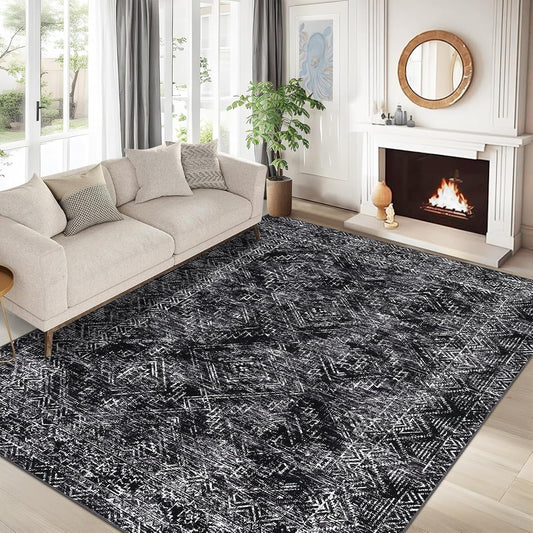 COZYLOOM Black Rug for Living Room 8x10 Washable Area Rugs Modern Abstract Floor Cover Non Slip Stain Resistant Geometric Mats Soft Throw Carpet for Nursery Bedroom Dining Room