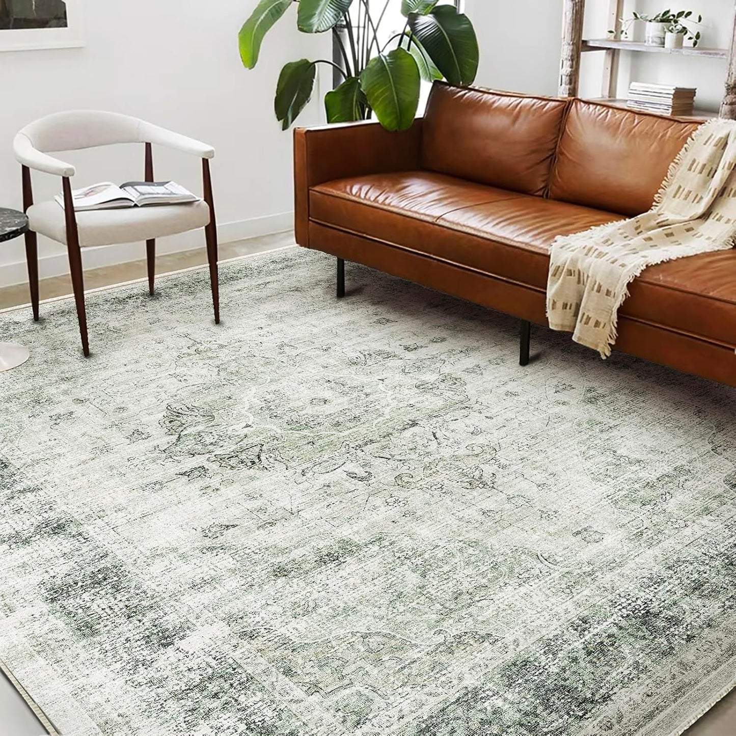 Area Rug 6'x9' Washable Floral Green Vintage Traditional Floor Cover Thin Retro Kitchen Indoor Distressed Non Slip Carpet for Living Room Bedroom Dining Room