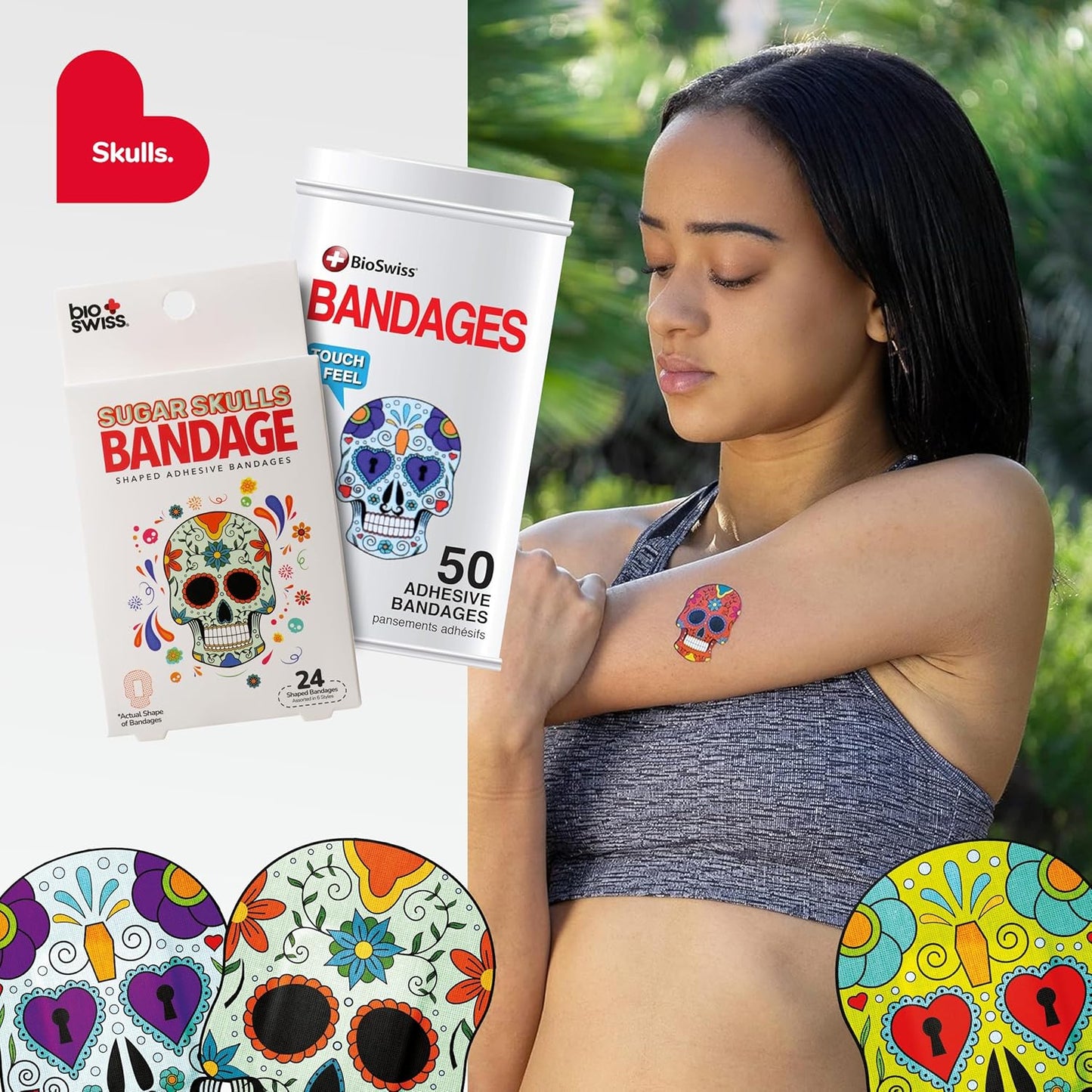 BioSwiss Bandages, Sugar Skull Shaped Self Adhesive Bandage, Latex Free Sterile Wound Care, Fun First Aid Kit Supplies for Kids, 24 Count
