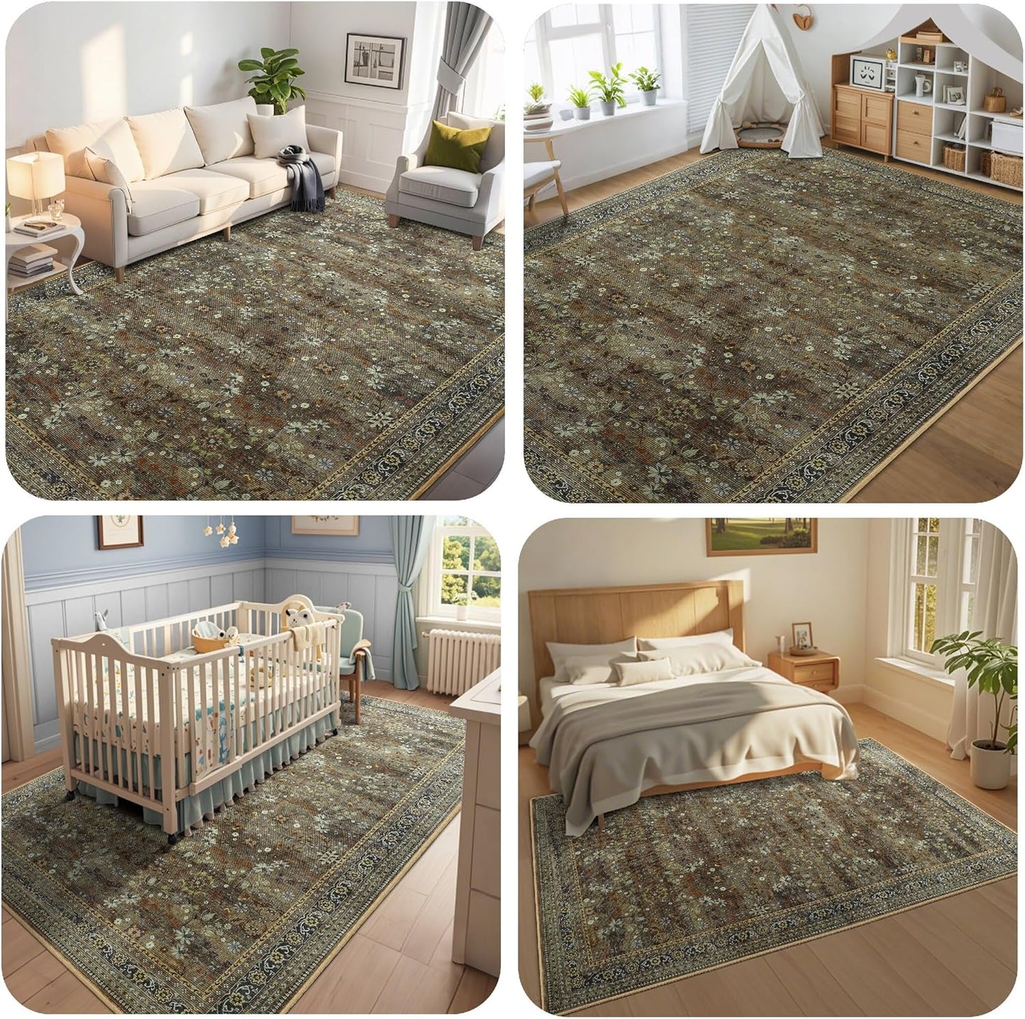 5x7 Machine Washable Area Rug for Living Room Dining Room, Vintage Floral Kitchen Rugs Non Slip, Traditional Indoor Floor Carpet for Bedroom, Farmhouse, Office Classroom Brown/Yellow