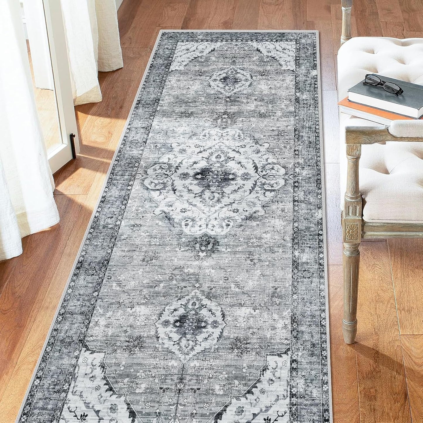 Boho Kitchen Runner Rug 3x8 Washable Runner Rug with Non-Shedding, Vintage Rugs Runners for Hallways Carpet Runner Grey/Navy