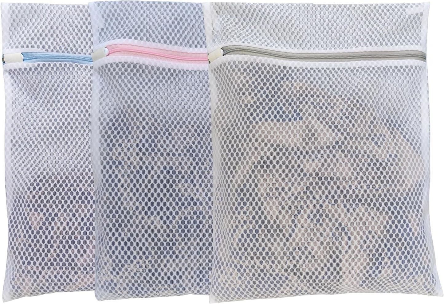 Mesh Laundry Bags for Delicates – 3-Pack (12″×16″) with Color-Coded Zippers – Honeycomb Mesh, Locking Zipper, Washer & Dryer Safe for Bras, Socks, Travel Clothes