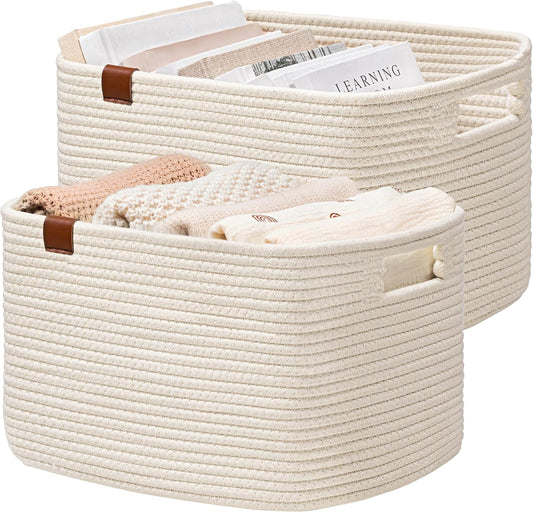 UBBCARE 2 Pack Baskets for Organizing, Woven Storage Baskets with Label for Toys and Towel, Rectangle Cotton Rope Basket with Handles, 15''L x10''W x9''H, Off-White