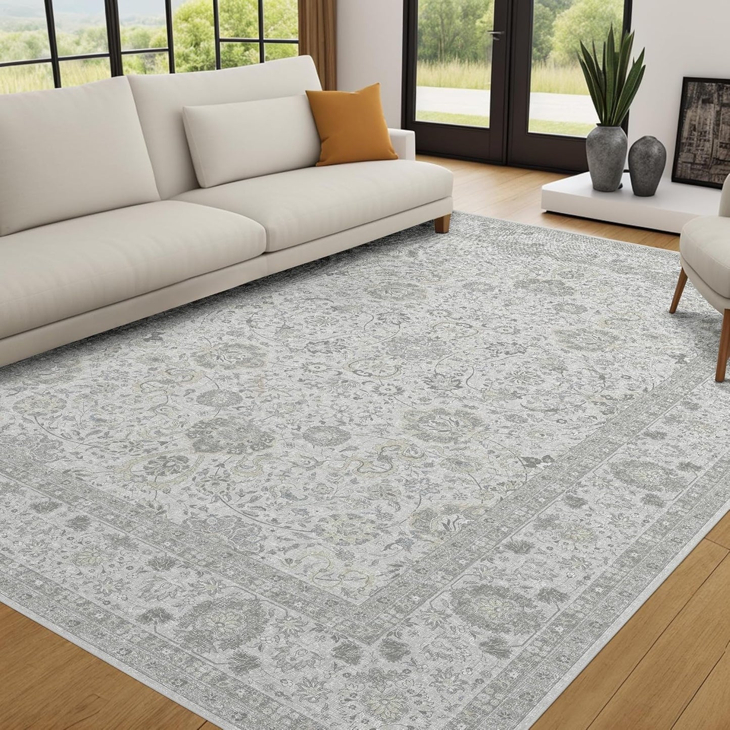 Deerly Light Grey Vintage 6x9 Nursery Rugs for Living Room, Rug Boho Washable Area Rug with Non-Slip Backing, Indoor Carpet for Bedroom Dining Room
