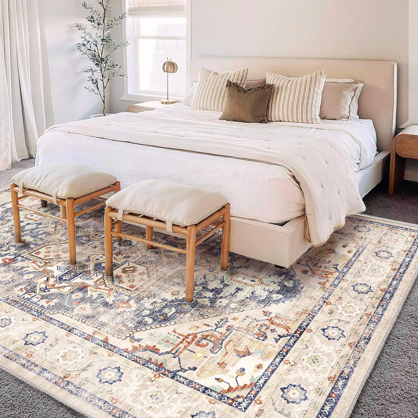 Washable Area Rug 10'x14' Blue Khaki Retro Flowers Boho Design Non-Shedding Easy Care Ideal for High Traffic Areas in Living Room Bedroom Office Coffee Table Kitchen Large Carpet