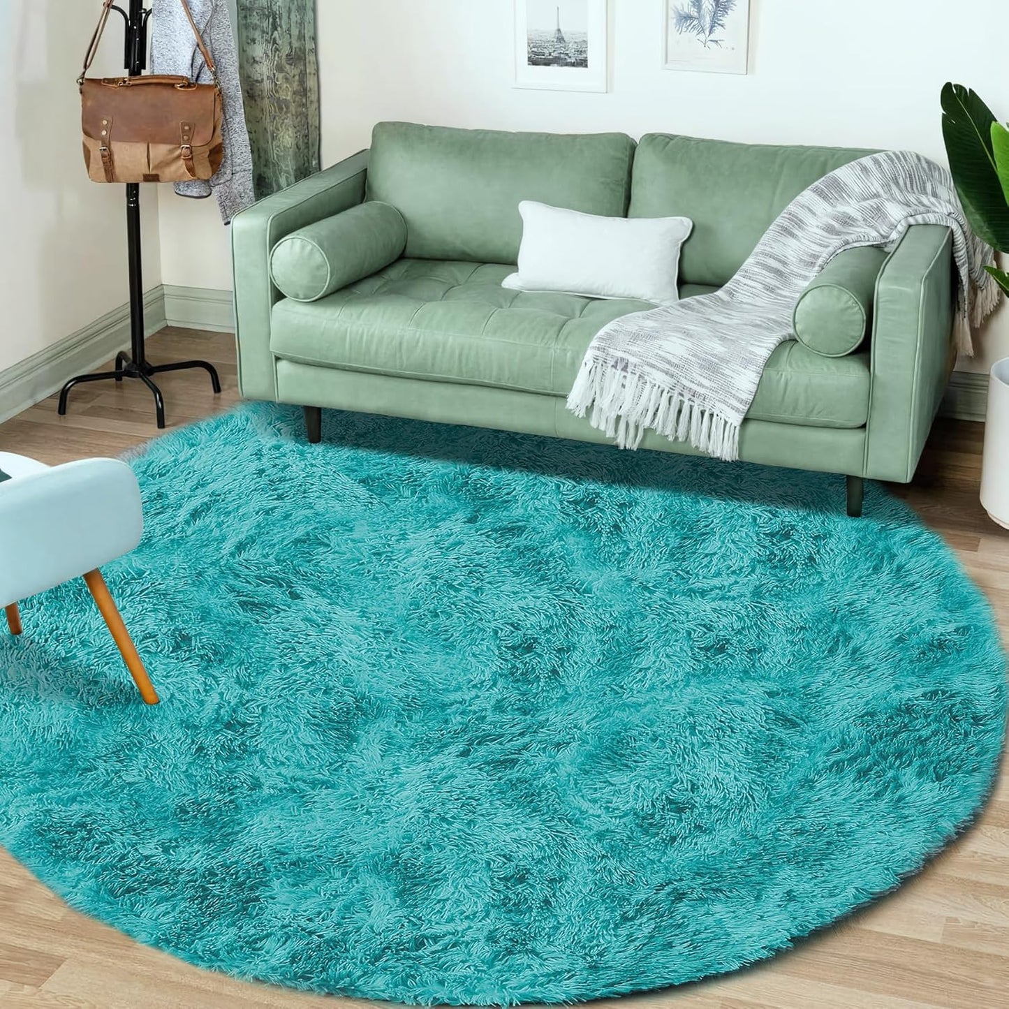 4FT Round Rug for Bedroom: Fluffy Shag Soft Washable Rugs Circle Small Fuzzy Plush Indoor Carpet for Living Room Nursery Playroom Dorm Kids Girls Boys Room (Teal Blue, 4'x4')