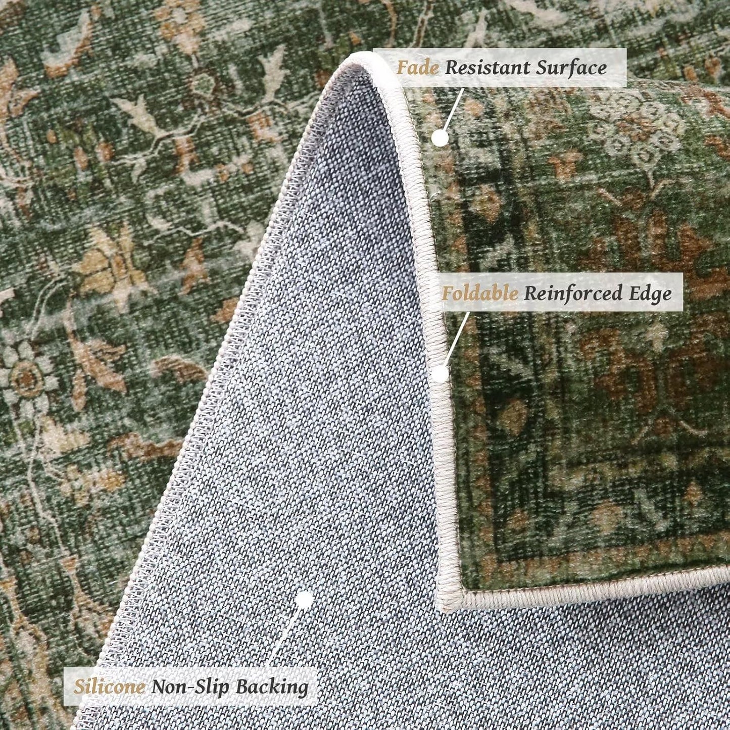 Washable 9x12 Area Rugs for Living Room, Boho Non-Slip Silicone Backing Rugs for Bedroom Dining Room Nursery Office, 0.3" Neutral Oriental Throw Carpet with 0.16" Cushioning Pad, Grass Green/Multi