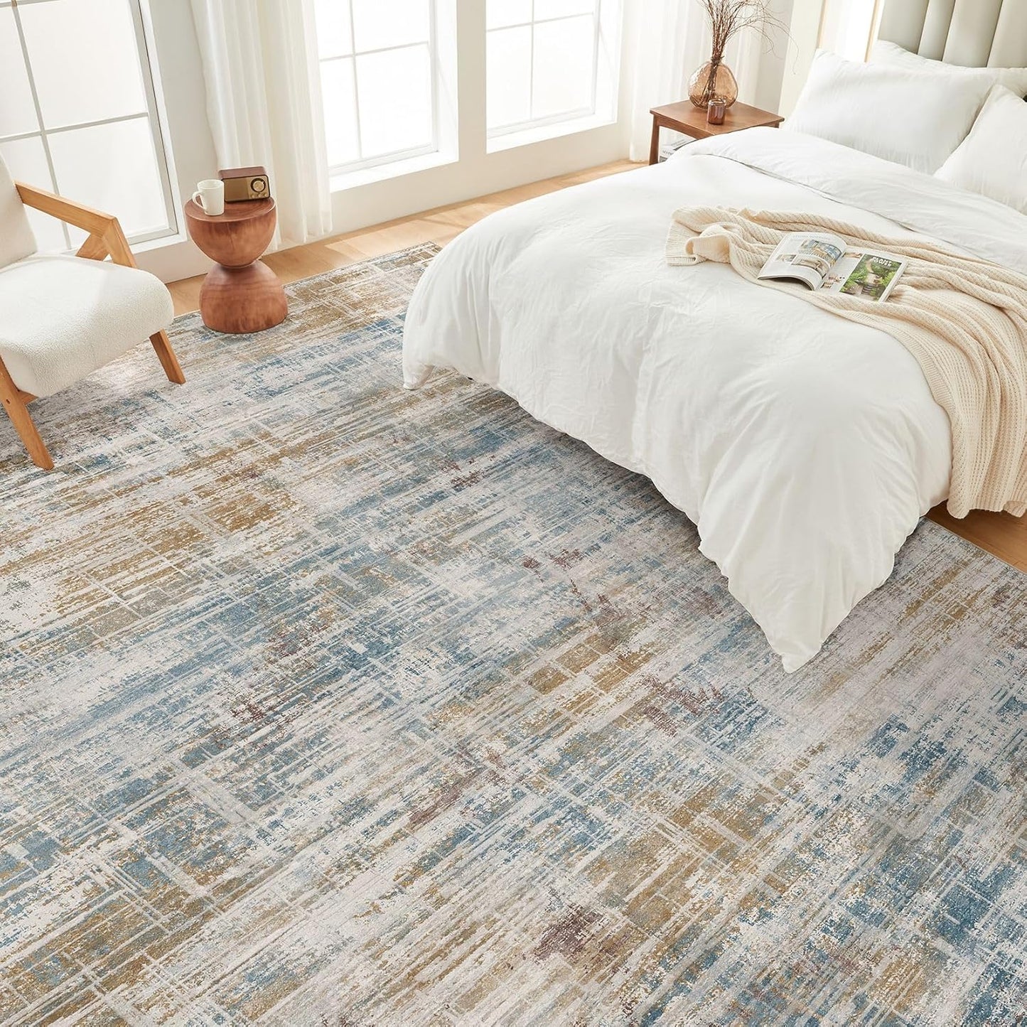 Area Rug for Living Room: 7x9 Washable Neutral Abstract Modern Soft Rugs Non Slip Indoor Floor Stain Resistant Large Carpet for Bedroom Dining Room Office Nursery - Blue Brown