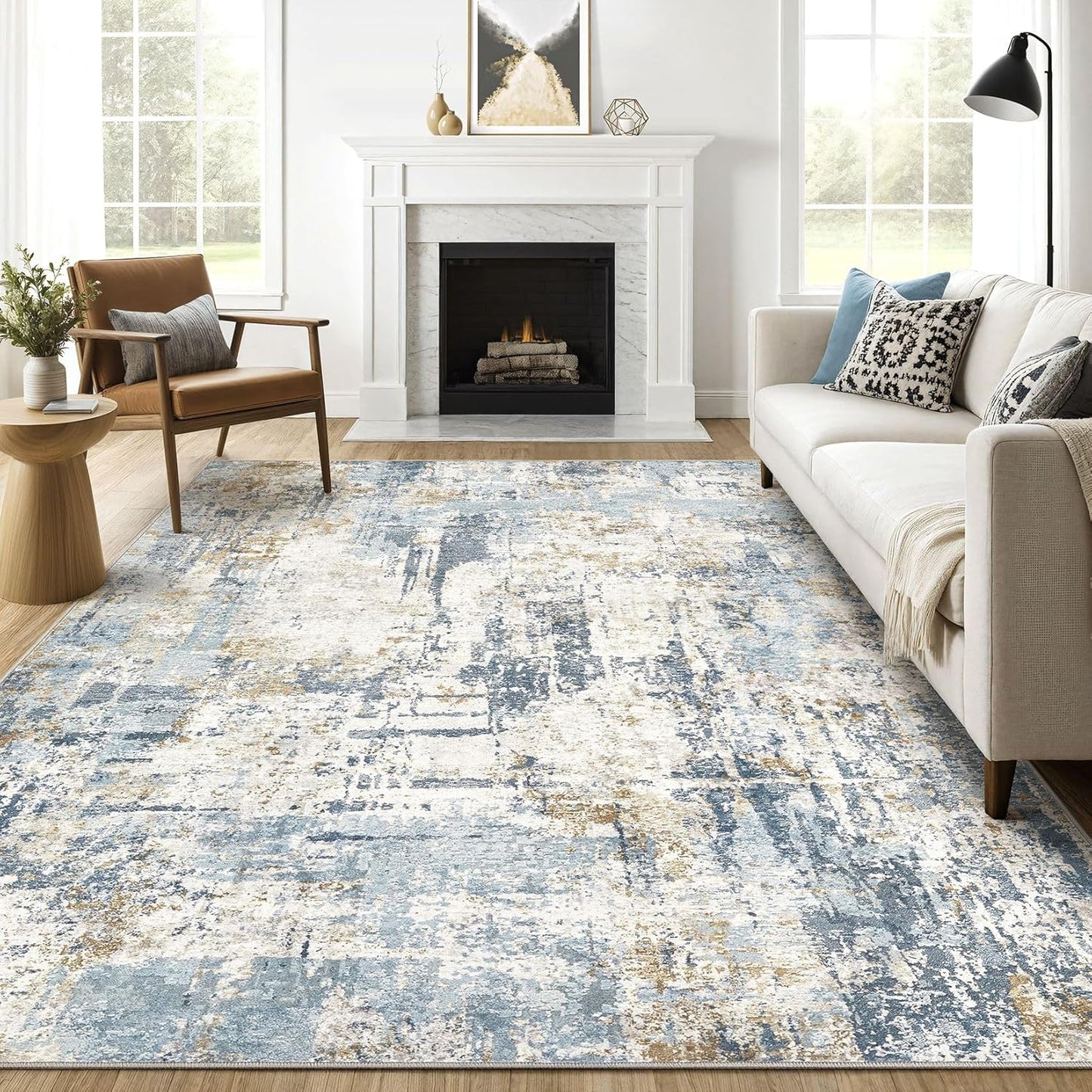 7x10 Area Rugs Washable Rug: Living Room Large Abstract Modern Soft Stain Resistant Indoor Floor Non Slip Accent Carpet for Bedroom Nursery Playroom Office Dining Room Dorm Home House- Blue