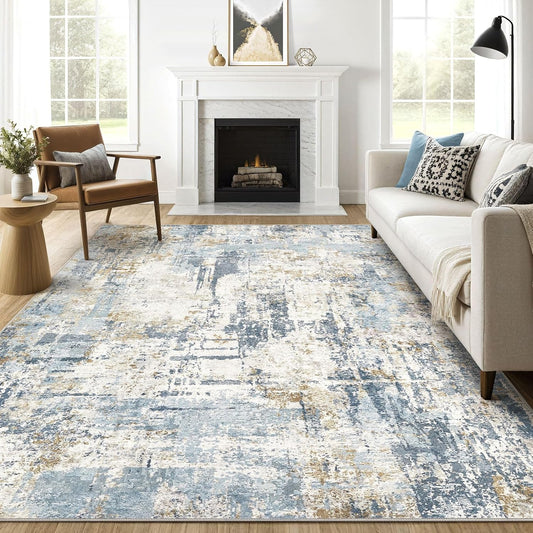 7x9 Area Rugs Washable Rug: Living Room Large Abstract Modern Soft Stain Resistant Indoor Floor Non Slip Accent Carpet for Bedroom Nursery Playroom Office Dining Room Dorm Home House- Blue