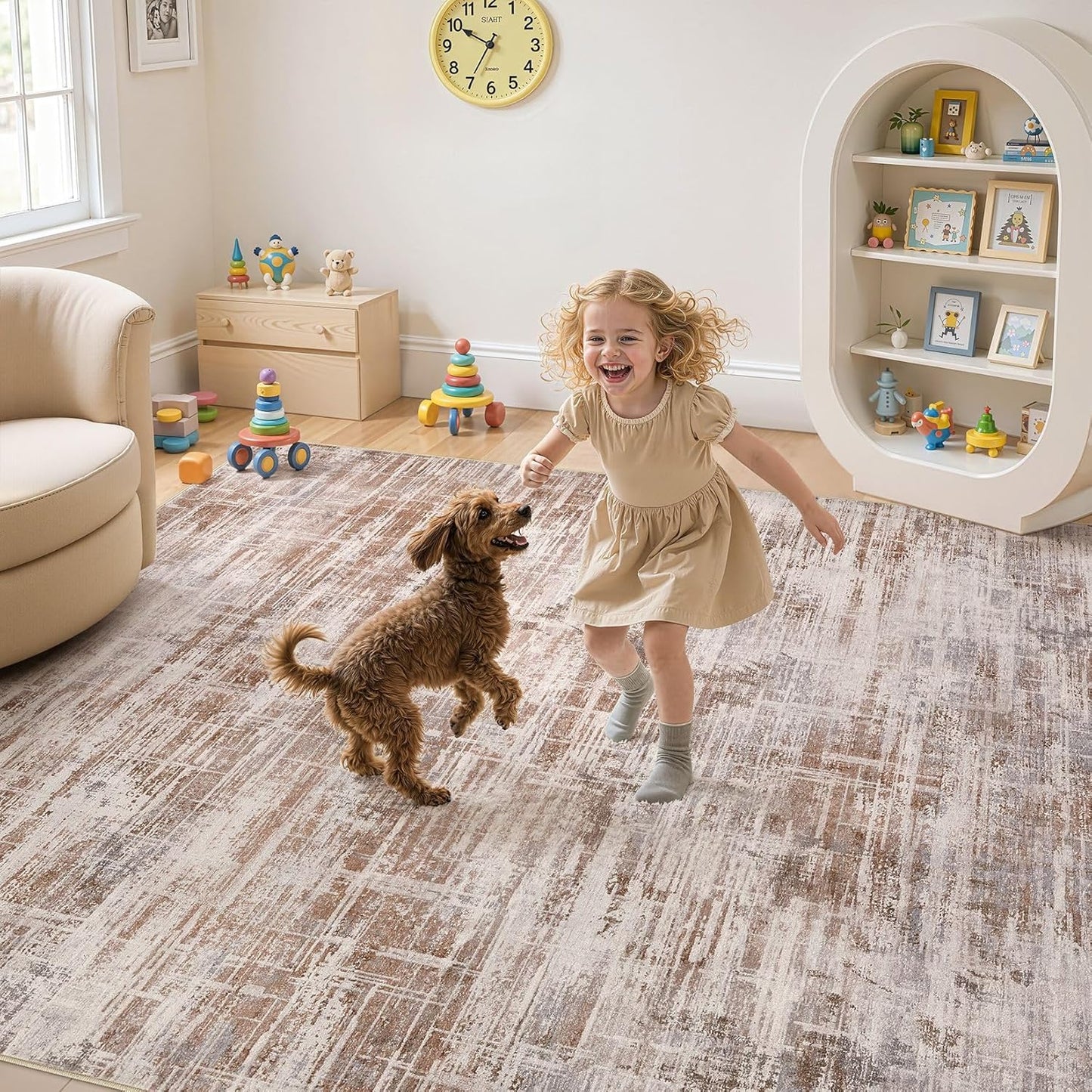 Area Rug for Living Room: 9x12 Washable Neutral Abstract Modern Soft Rugs Non Slip Indoor Floor Stain Resistant Large Carpet for Bedroom Dining Room Office Nursery - Red Brown