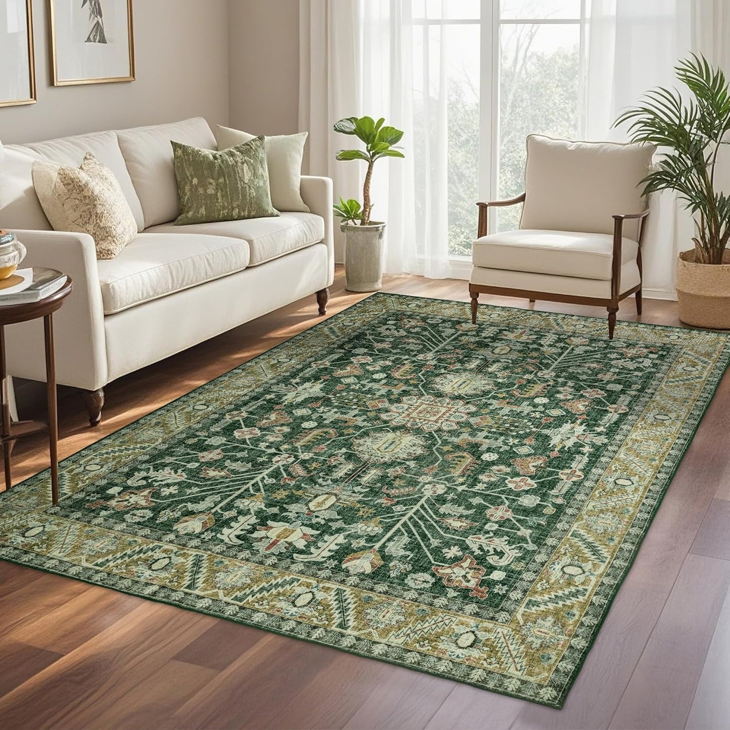 4x6 Area Rug Washable: Oriental Soft Area Rug for Living Room Bedroom No Shedding - Low Pile Thin Carpet Rug for Dining Room Non Slip - Boho Vintage Rug for Home Decor - Retro Forest Green