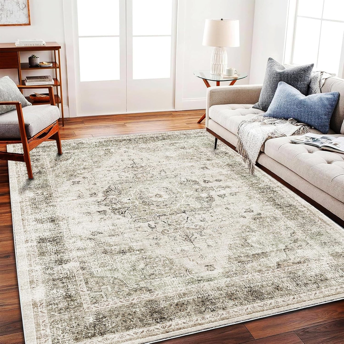 Area Rug 6'x9' Washable Vintage Floral Khaki Traditional Floor Cover Thin Retro Kitchen Indoor Distressed Non Slip Carpet for Living Room Bedroom Dining Room