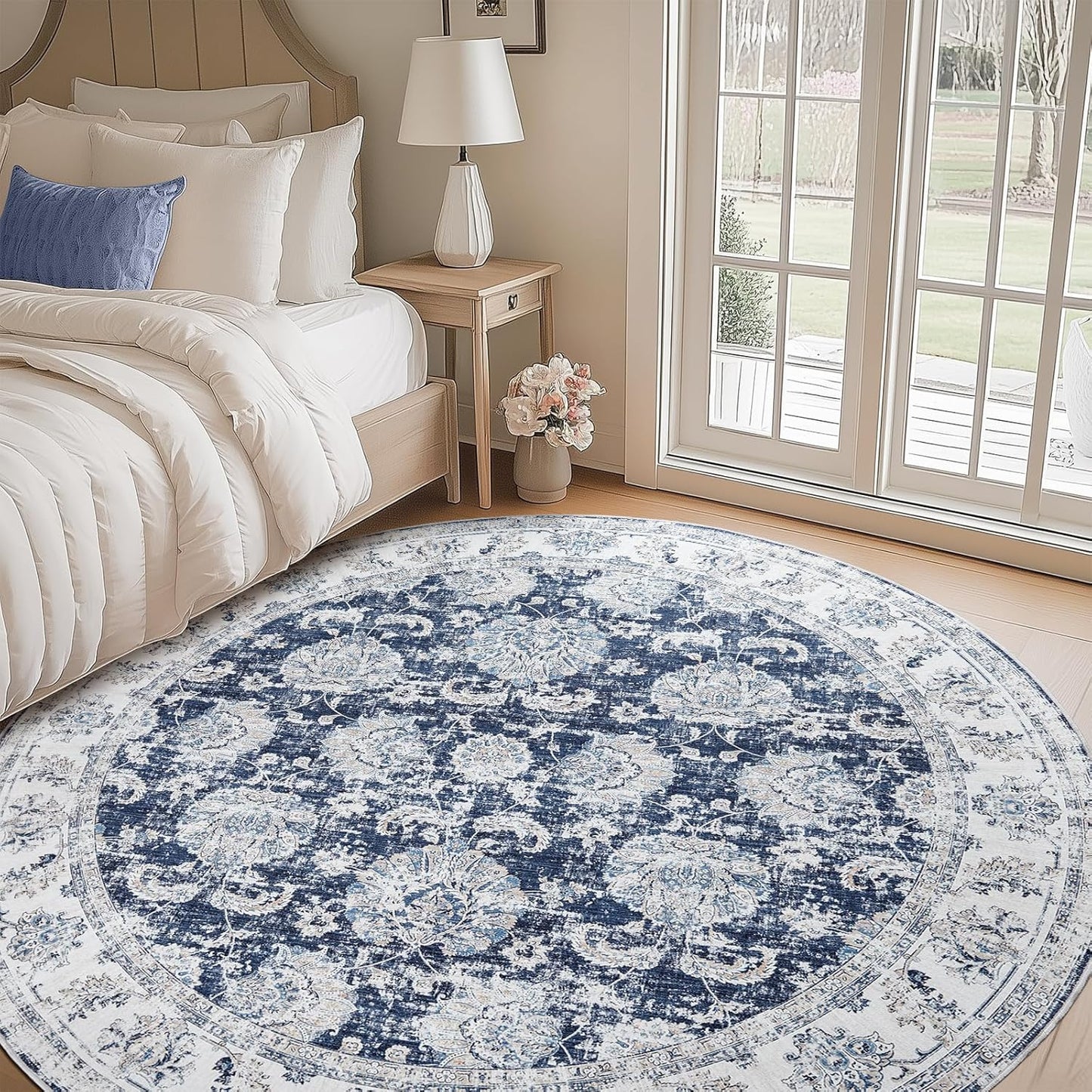 jinchan Round Rug 8ft Area Rugs Vintage Floral Distressed Design Machine Washable Non-Slip Low-Pile Ultra-Thin Circle Rug for Living Room Dining Room Bedroom Home Office Farmhouse (8' Round,Dark Blue)