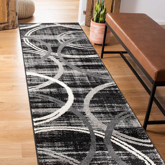 Rugshop Modern Wavy Circles Design Runner Rug 2' x 10' Black