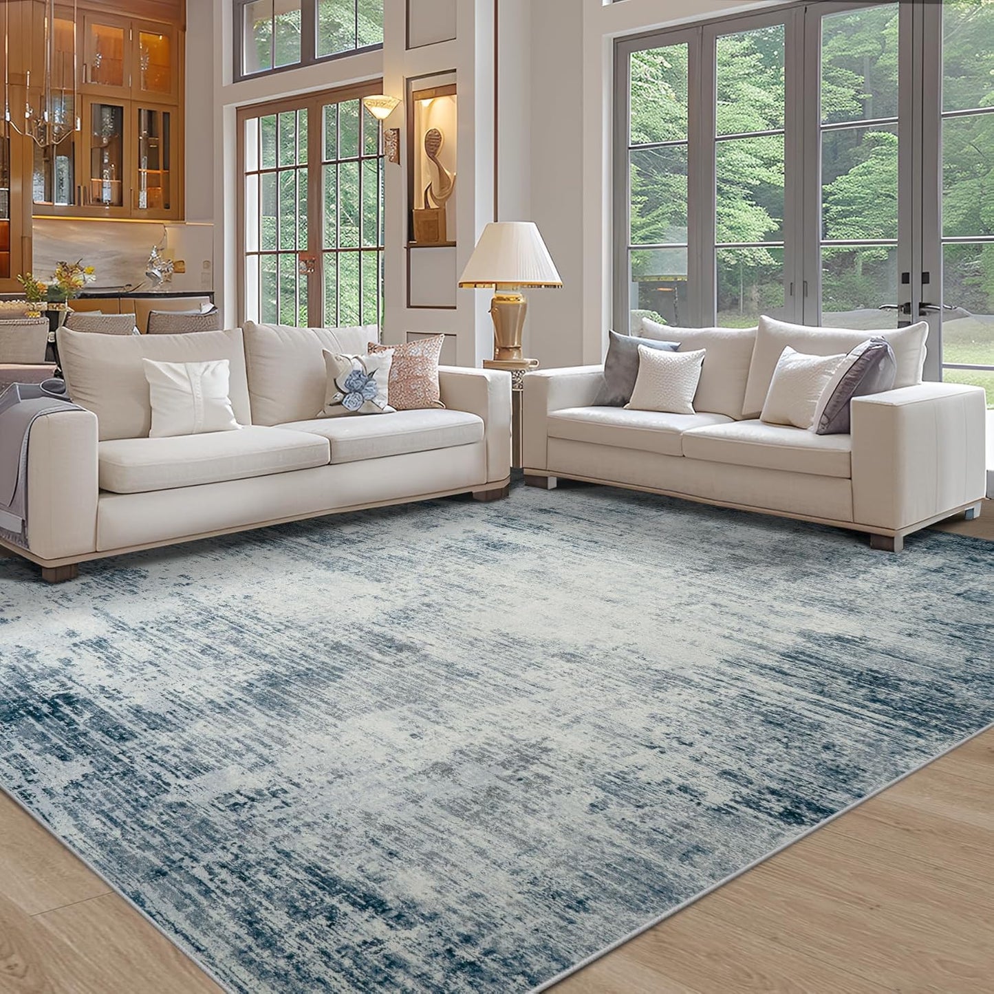 Washable Rug 6x9 Area Rugs, Abstract Washable Rugs with Non-Slip Backing, Stain Resistant Indoor Floor Carpet for Bedroom Dining Room Table Nursery Hallway Home Office-Blue/Ivory