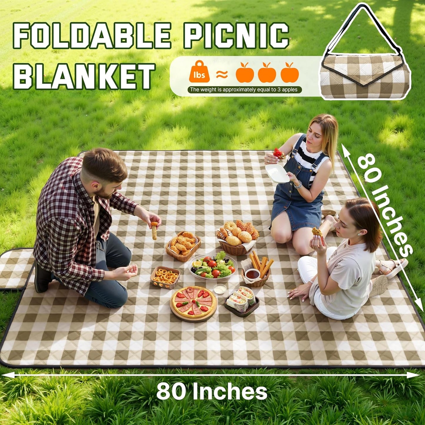 TigeJoy Extra Large Picnic Blanket Waterproof Foldable 80''x80'', Outdoor Picnic Mat Beach Blanket Sandproof for Park, Grass, Travel, Hiking, Camping Essentials, Gingham Picnic Blanket