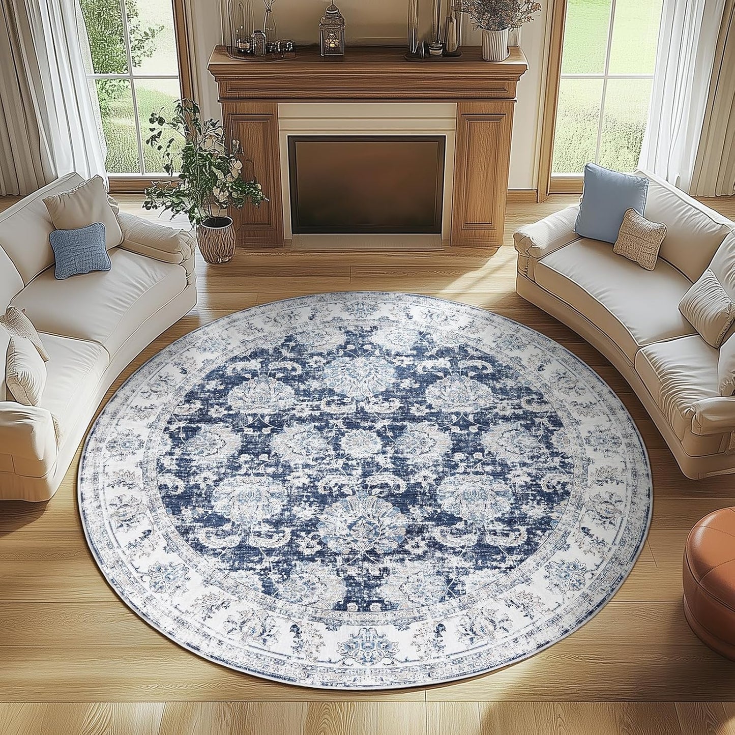 jinchan Round Rug 8ft Area Rugs Vintage Floral Distressed Design Machine Washable Non-Slip Low-Pile Ultra-Thin Circle Rug for Living Room Dining Room Bedroom Home Office Farmhouse (8' Round,Dark Blue)