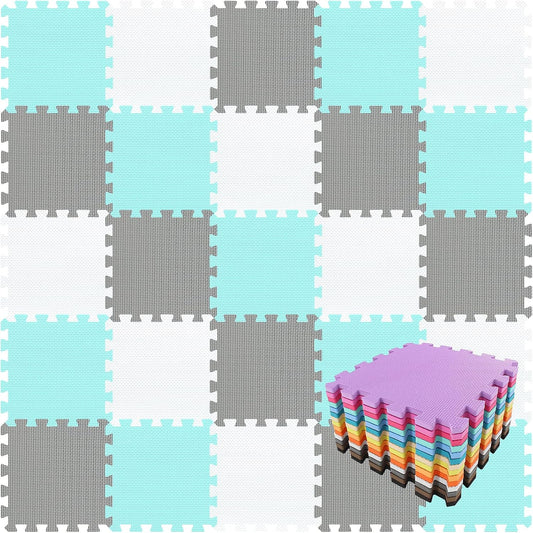 qqpp EVA Rubber 18 Tiles Interlocking Puzzle Foam Floor Mats - Baby Play Mat for Playing | Exercise Mat for Home Workout. White, Green, Gray. QC-AHLb18N