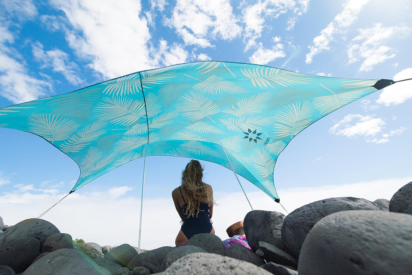 Neso Tents Beach Tent with Sand Anchor, Portable Canopy Sunshade - 7' x 7' - Patented Reinforced Corners(Aqua Fronds)