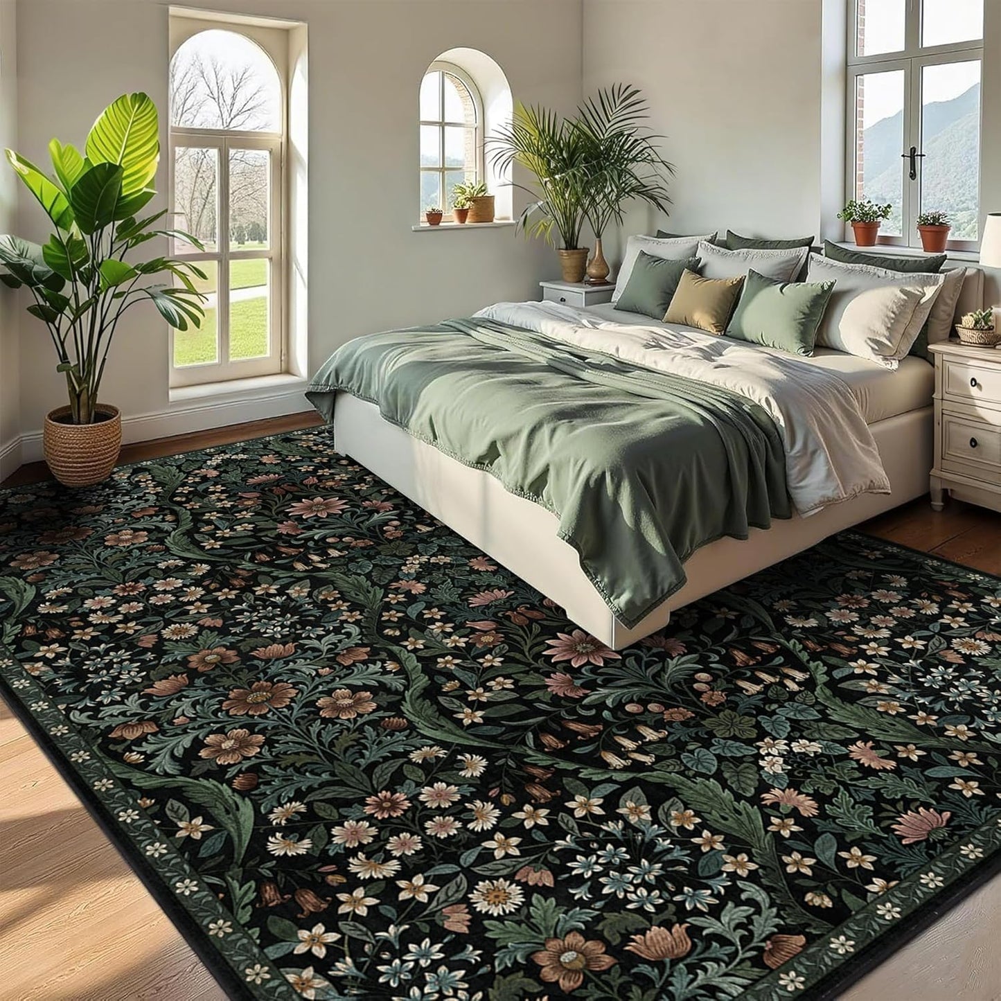 9x12 Black Vintage Floral Area Rug,Washable Large Boho Living Room Rugs,Botanical Print Non-Slip Stain Resistant Lightweight Carpet for Bedroom Dining Room Nursery