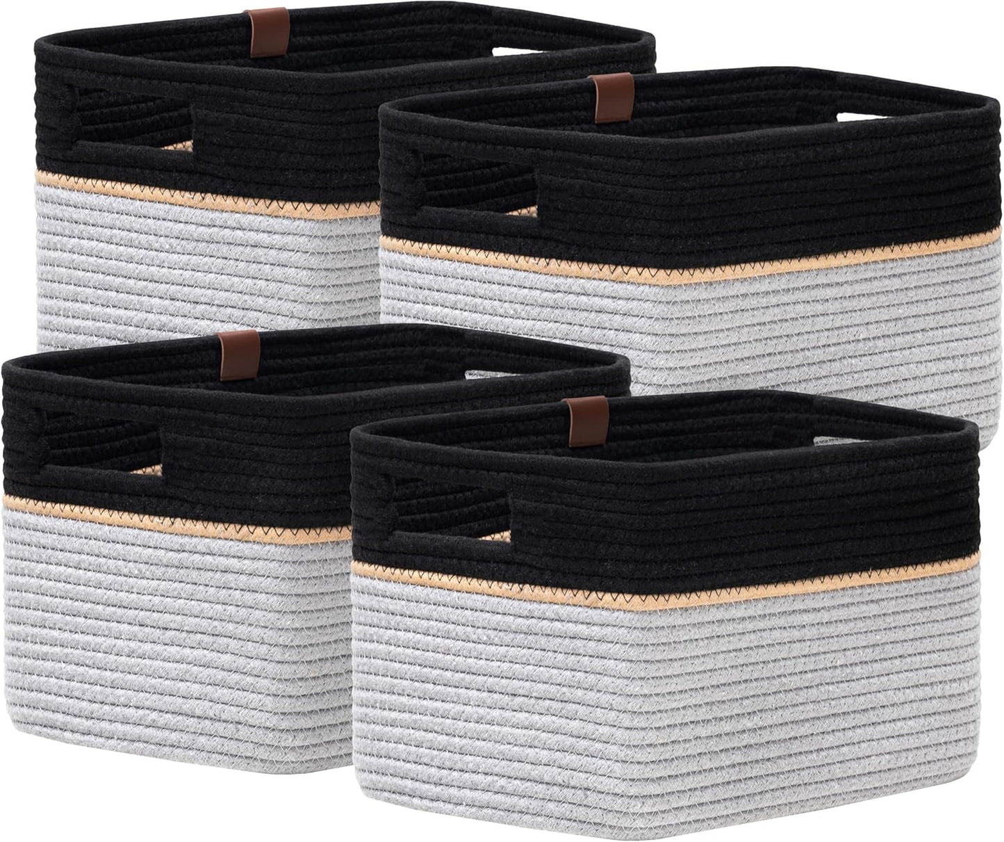 UBBCARE 4 Pack Baskets for Organizing, Woven Storage Baskets with Label for Toys and Towel, Rectangle Cotton Rope Basket with Handles, 15''L x10''W x9''H, Black&Grey
