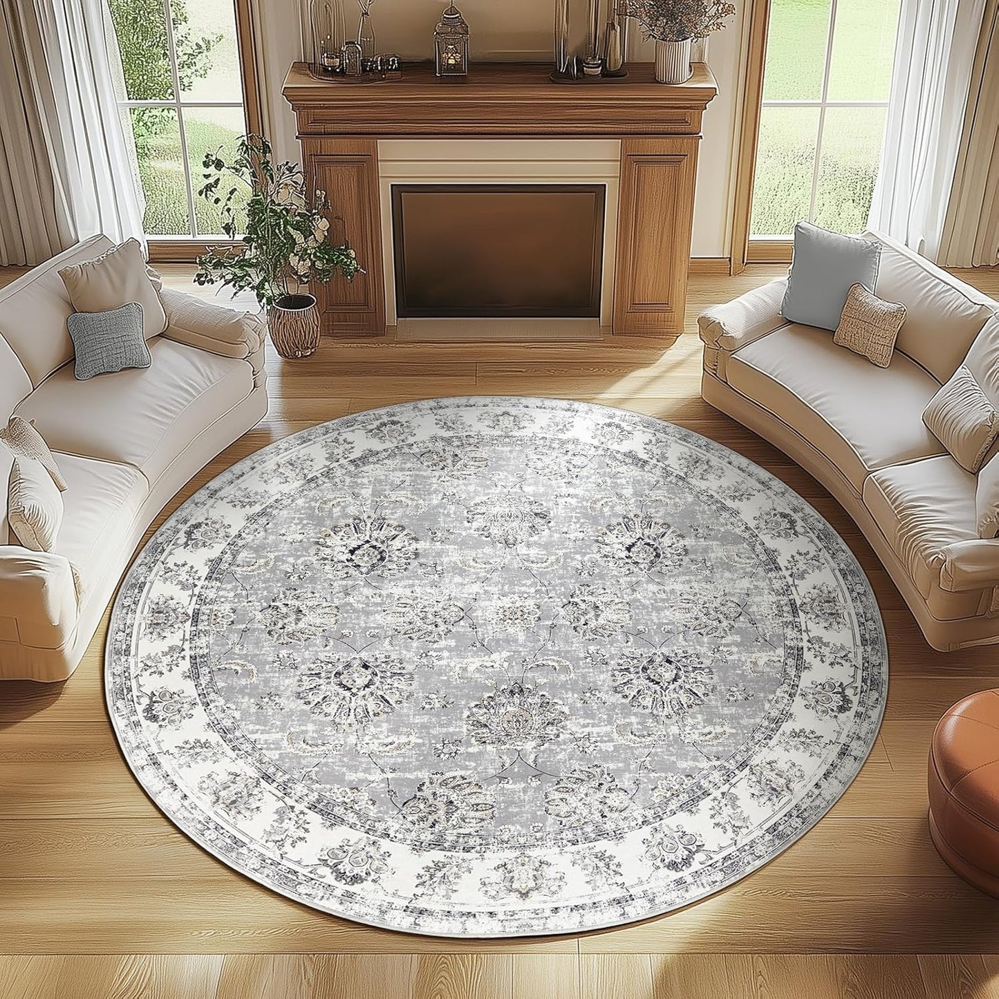 jinchan Round Rug 7ft Area Rugs - Vintage Floral Distressed Design Machine Washable Non-Slip Low-Pile Ultra-Thin Circle Rug for Living Room Dining Room Bedroom Home Office Farmhouse (7' Round,Grey)