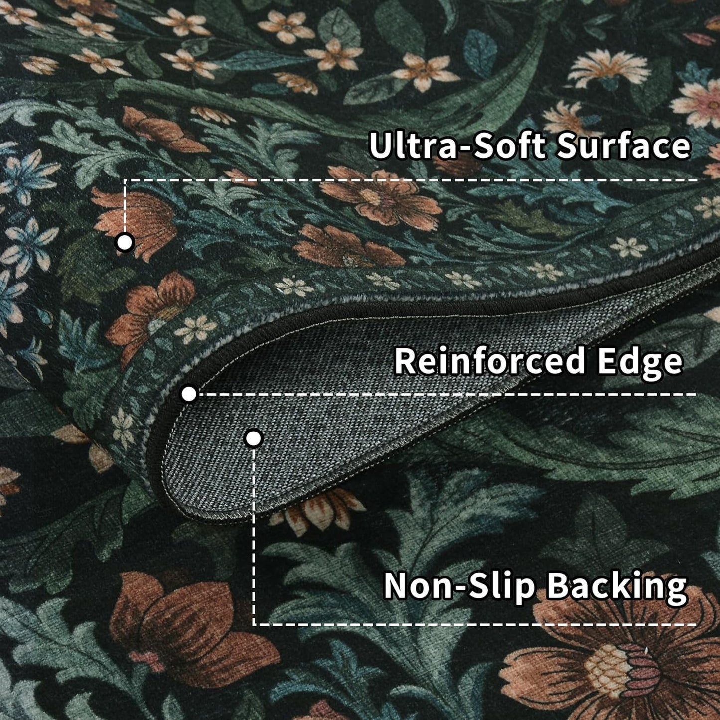 3x5 Black Boho Floral Vintage Area Rug,Soft Lightweight Low Pile Non-Shedding Carpet,Machine Washable Stain Resistant & Non-Slip for Entryway,Bedroom, Kids Room,Living Room