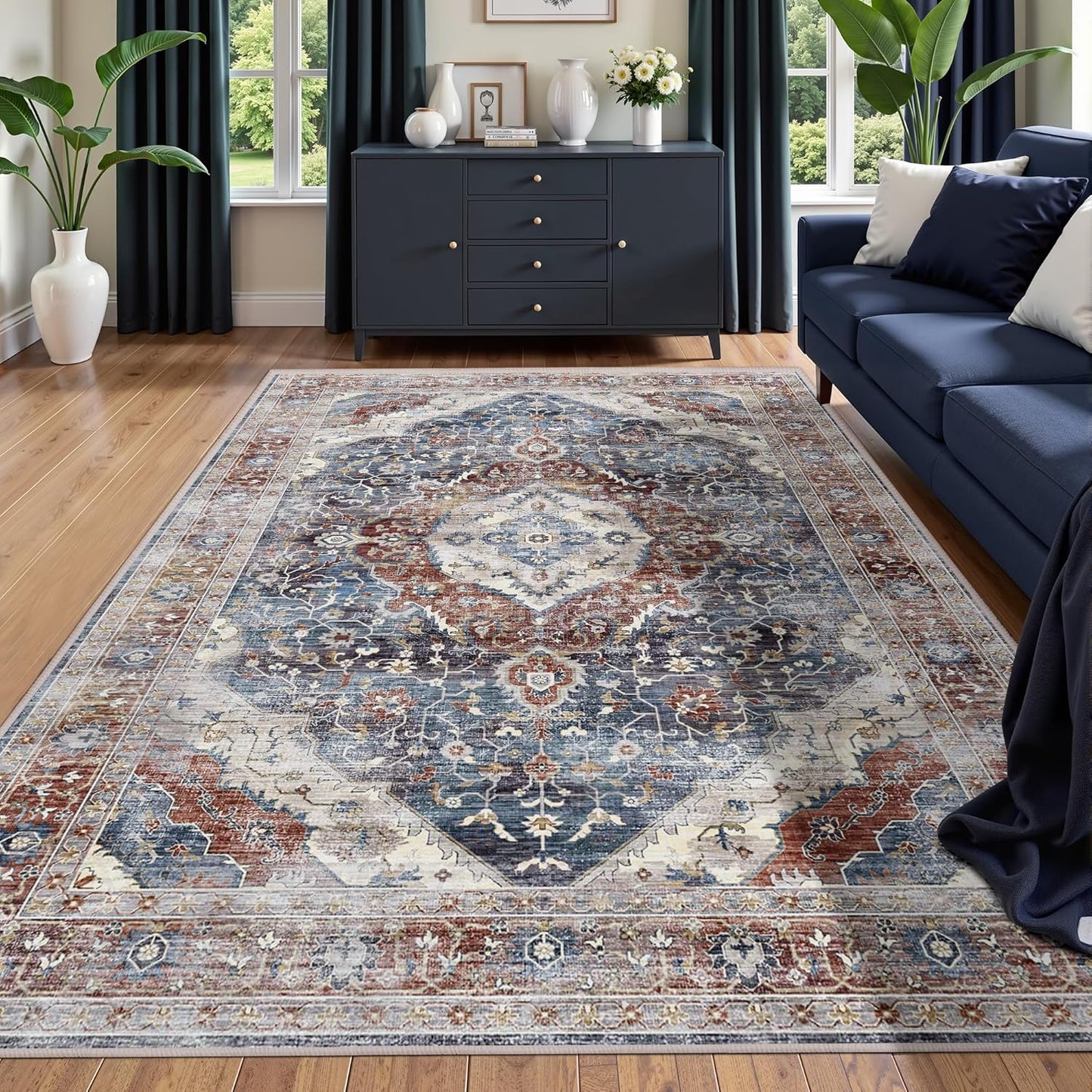 Deerly Boho Area Rug Large Rugs for Bedroom Machine Washable Rugs for Living Room Moroccan Non-Slip Oriental Area Rugs Carpet Floor Rug(Border Brown/Navy Blue 5x8ft)