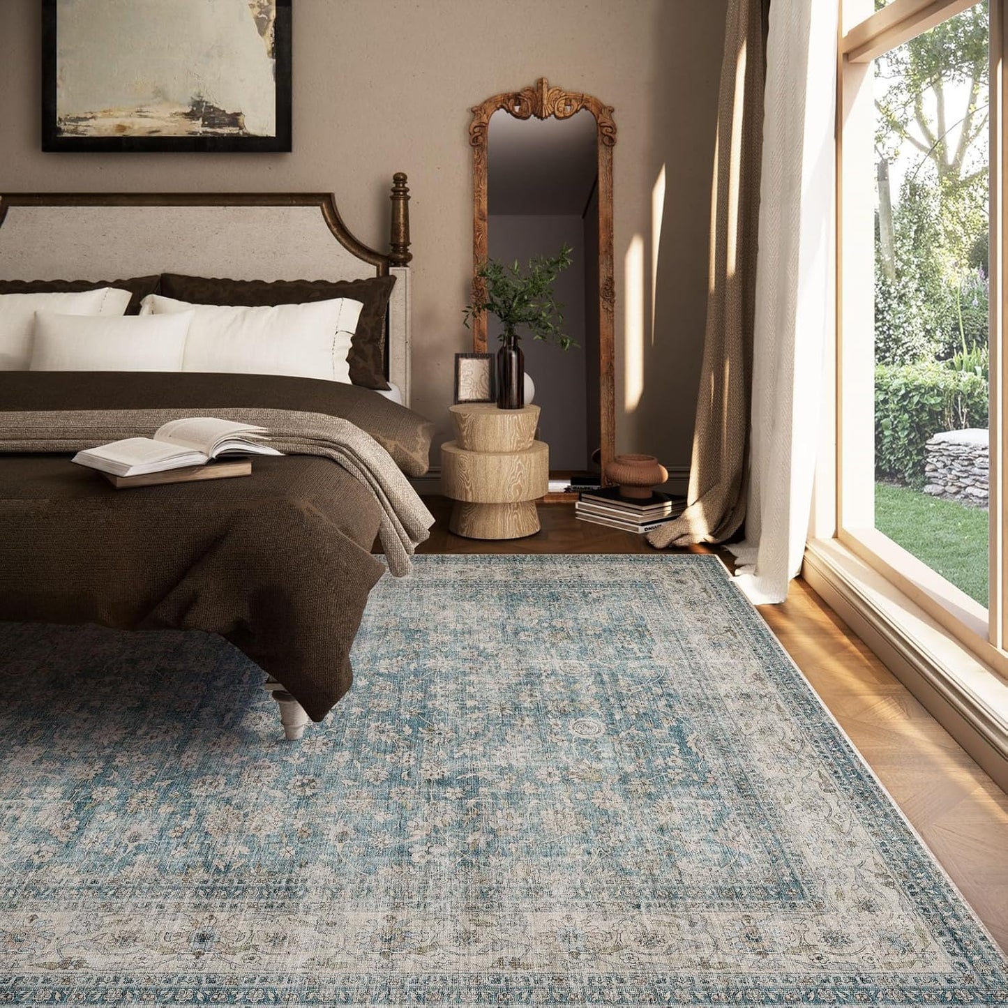 Machine Washable Living Room Rug: 5x7 Area Rugs for Bedroom Vintage Stain Resistant Non Slip Low Pile Lightweight Boho Carpet for Kitchen Dining Room Farmhouse Kids Room Nursery