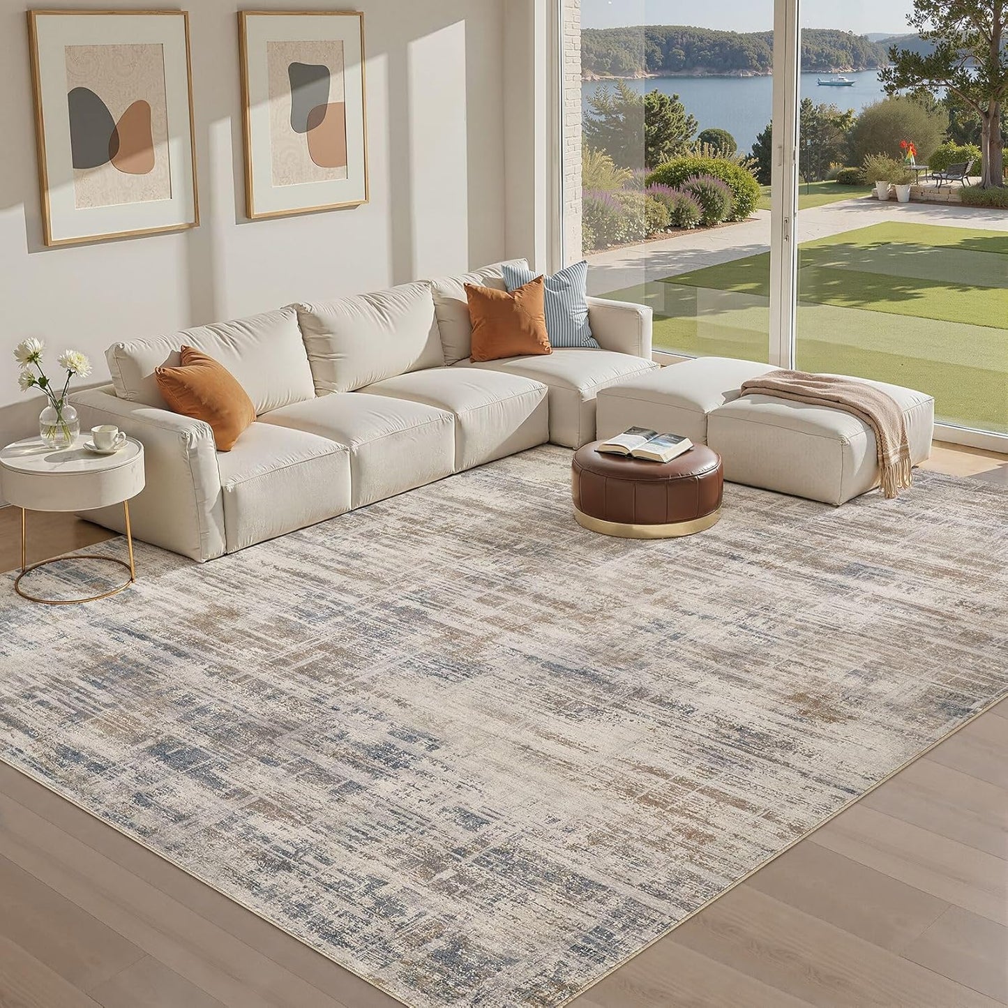 Area Rug for Living Room: 10x12 Washable Neutral Abstract Modern Soft Rugs Non Slip Indoor Floor Stain Resistant Large Carpet for Bedroom Dining Room Office Nursery - Brown