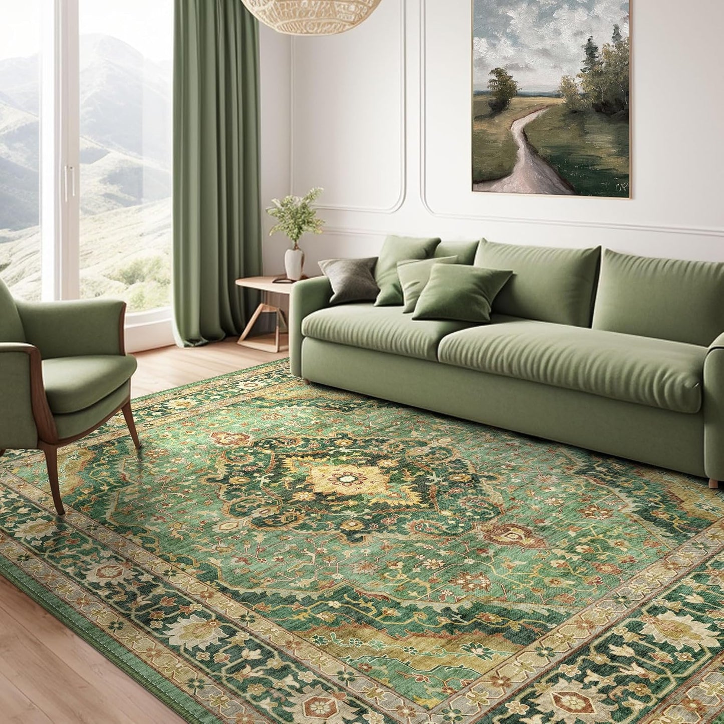 Deerly Green Rug 8x10 Area Rug for Living Room Bedroom Washable Rugs Large Boho 8x10 Rug for Dining Room Carpet Non-Slip Distressed Carpet Rugs Print Floor Rug(Border Green)