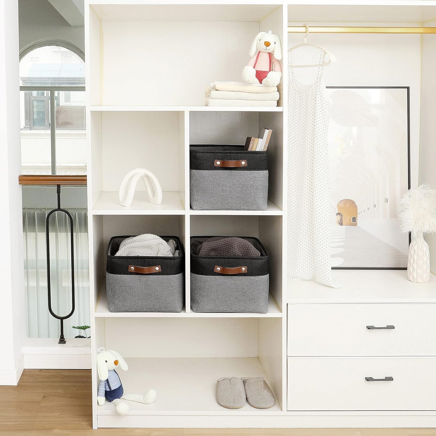 OrganiHaus Extra Large Fabric Storage Bins for Shelves 16x13in, Closet Storage Baskets for Shelf Organizing, Canvas Rectangle Bins for Organization, Linnen Baskets for Organizing - Gray/Black