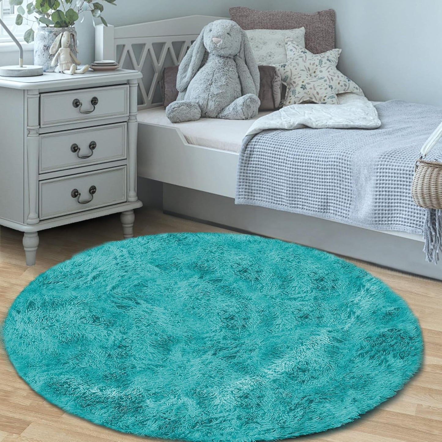 4FT Round Rug for Bedroom: Fluffy Shag Soft Washable Rugs Circle Small Fuzzy Plush Indoor Carpet for Living Room Nursery Playroom Dorm Kids Girls Boys Room (Teal Blue, 4'x4')