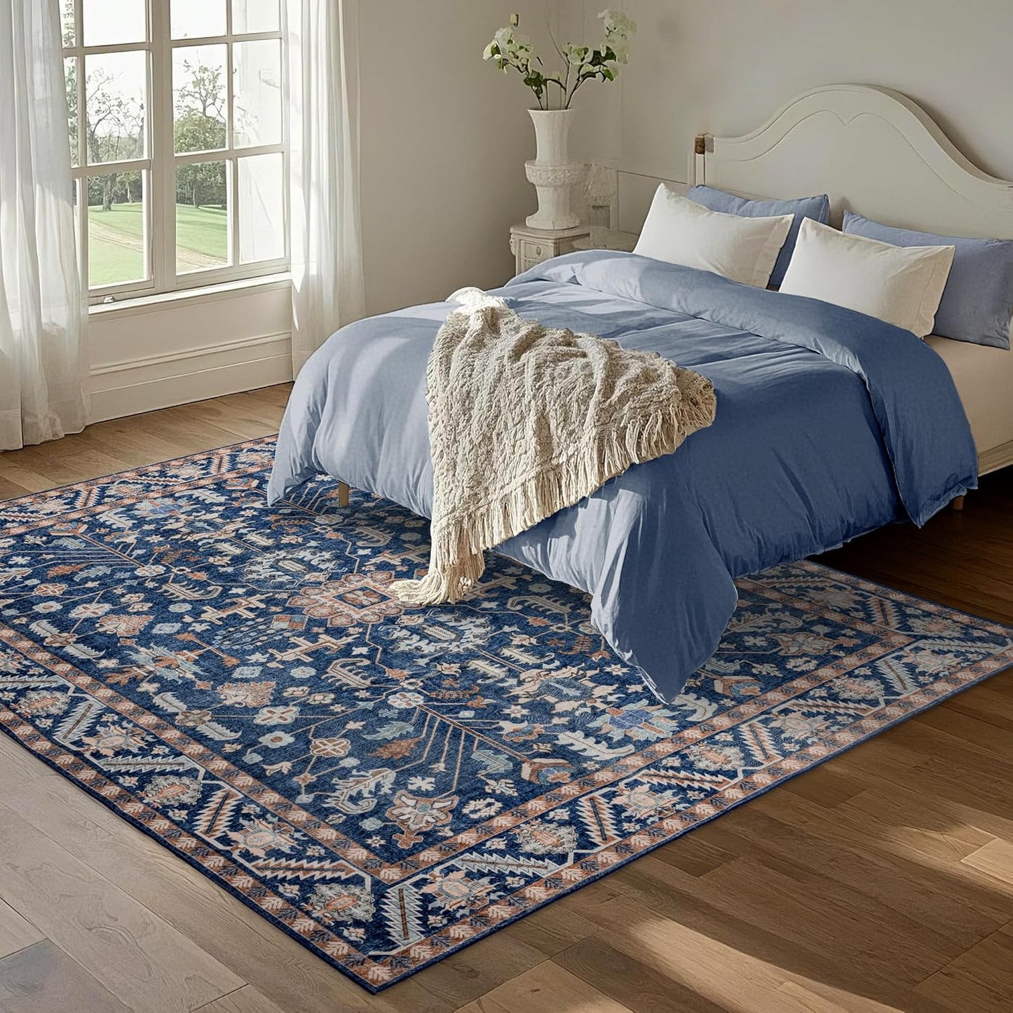 5x8 Area Rug Washable: Oriental Soft Area Rug for Living Room Bedroom No Shedding - Low Pile Thin Carpet Rug for Dining Room Non Slip - Boho Vintage Rug for Home Decor - Navy Blue