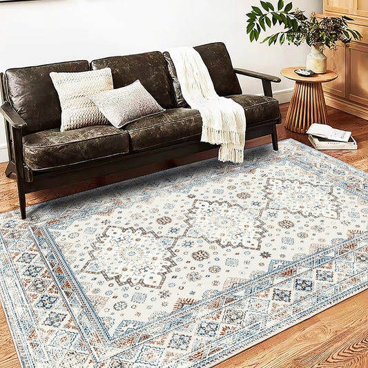 Washable Area Rug 5x7 Retro Boho Chic Medallion Distressed Design for Living Room Indoor Non-Slip Large Oriental Accent Throw Rug for Kitchen Entryway Bedroom Office Rug