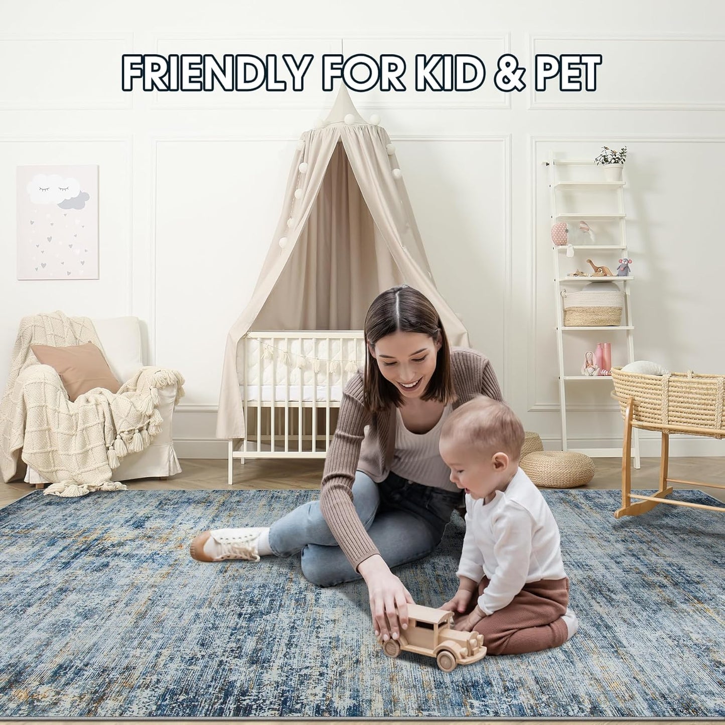 Washable Rug 6x9 Area Rugs, Abstract Large Living Room Rugs with Non-Slip Backing, Thin Carpet for Dorm Dining Room Table Nursery Indoor Home Office-Blue/Brown