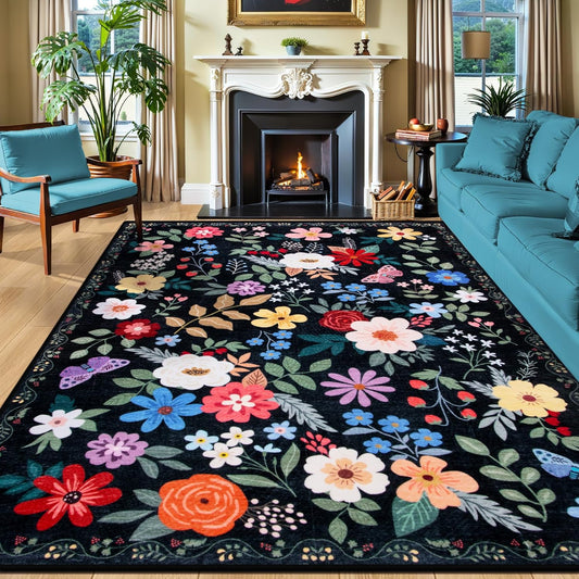 10x12 Area Rugs for Living Room: Floral Washable Rug Vintage Large Soft Boho Non-Slip Carpet Stain Resistant Low Pile Carpets for Bedroom Dining Room Farmhouse Nursery Hallway Home Office Black