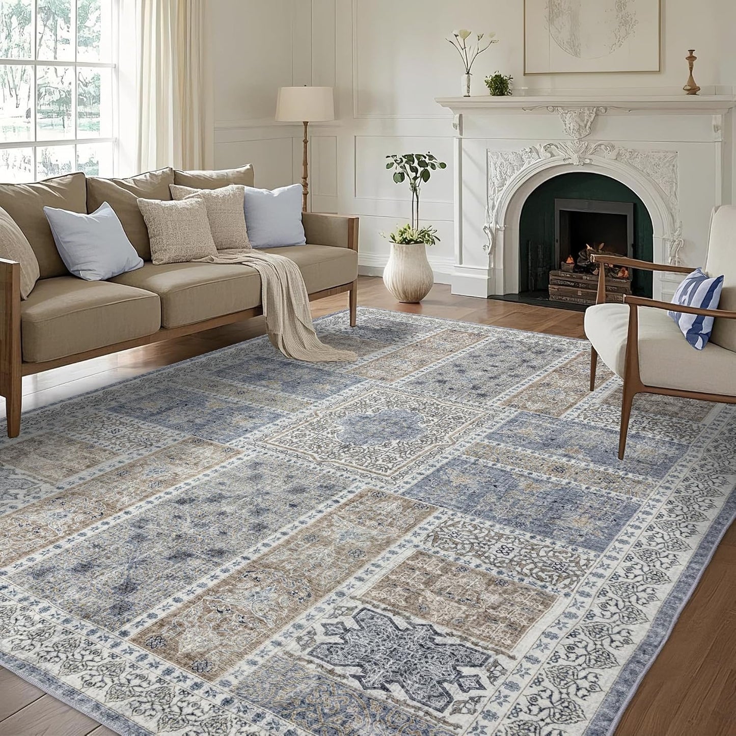 10x14 Area Rug Washable: Oriental Soft Area Rug for Living Room Bedroom No Shedding - Low Pile Thin Carpet Rug for Dining Room Non Slip - Boho Vintage Rug for Home Decor - Blue Grey