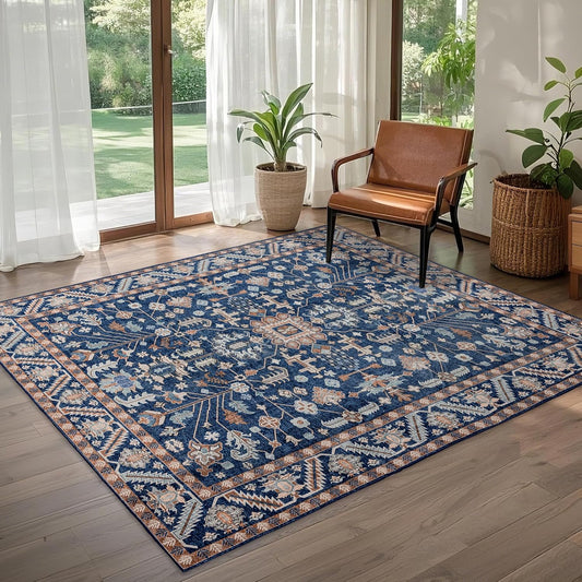 4x6 Area Rug Washable: Oriental Soft Area Rug for Living Room Bedroom No Shedding - Low Pile Thin Carpet Rug for Dining Room Non Slip - Boho Vintage Rug for Home Decor - Navy Blue