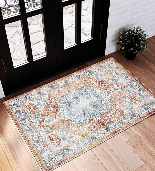 Area Rug 2x3 Washable Rug Door Mat Vintage Distressed Rug Doormat Indoor Entrance Traditional Thin Floral Print Non Slip Carpet for Kitchen Bathroom Bedroom Living Room