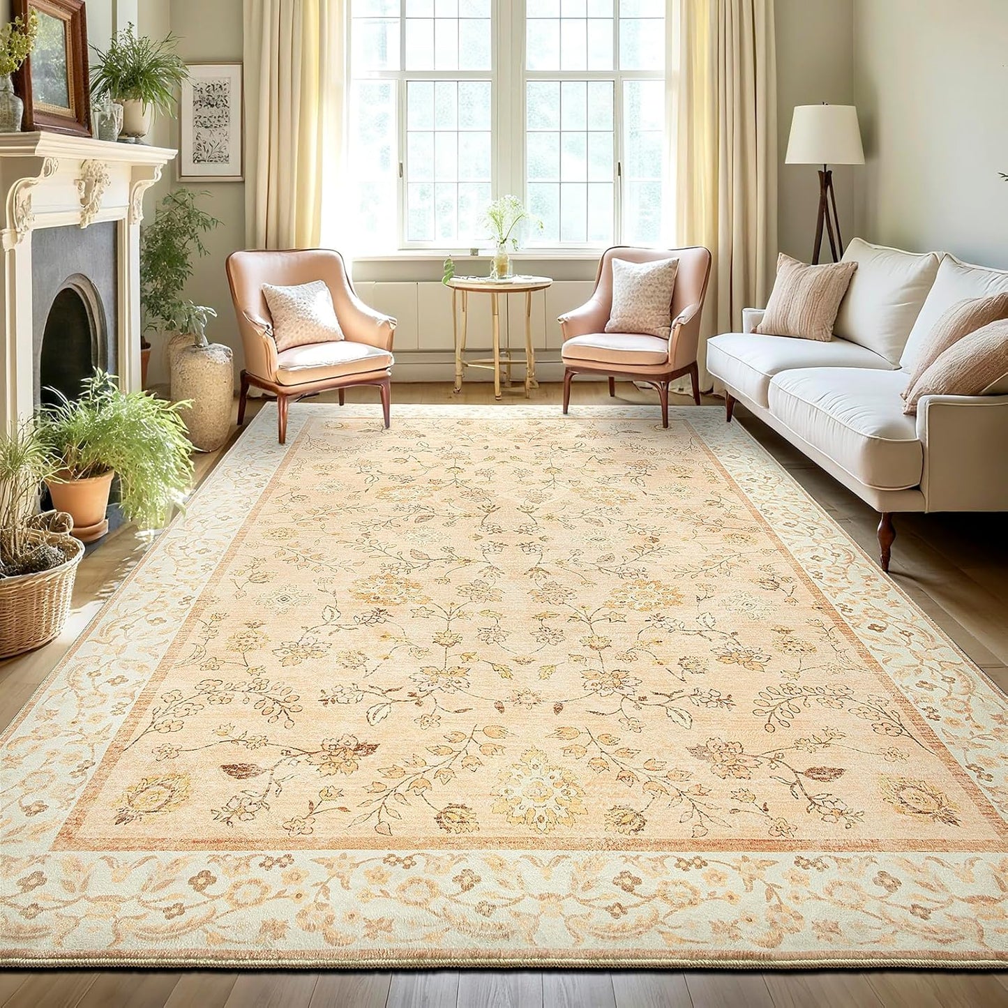 LOCHAS Washable Area Rugs 4x6, Peach Floral Rug for Living Room Bedroom Non Slip, Ultra Soft Vintage Indoor Carpet for Kids, Nursery, Dorm, Dining Room, Classroom, Boho Flower Home Decor, Low-Pile