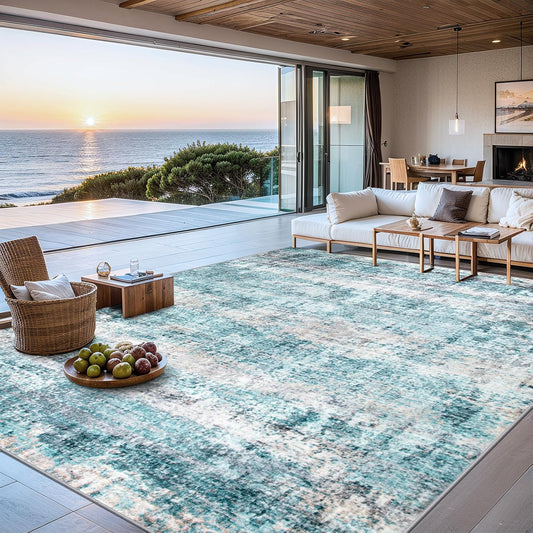 Area Rugs Living Room Rug - 4x6 Washable Modern Abstract Soft Neutral Non-Slip Carpet Large Indoor Floor Thin Carpets for Bedroom Dining Room Farmhouse Nursery Home Office Green