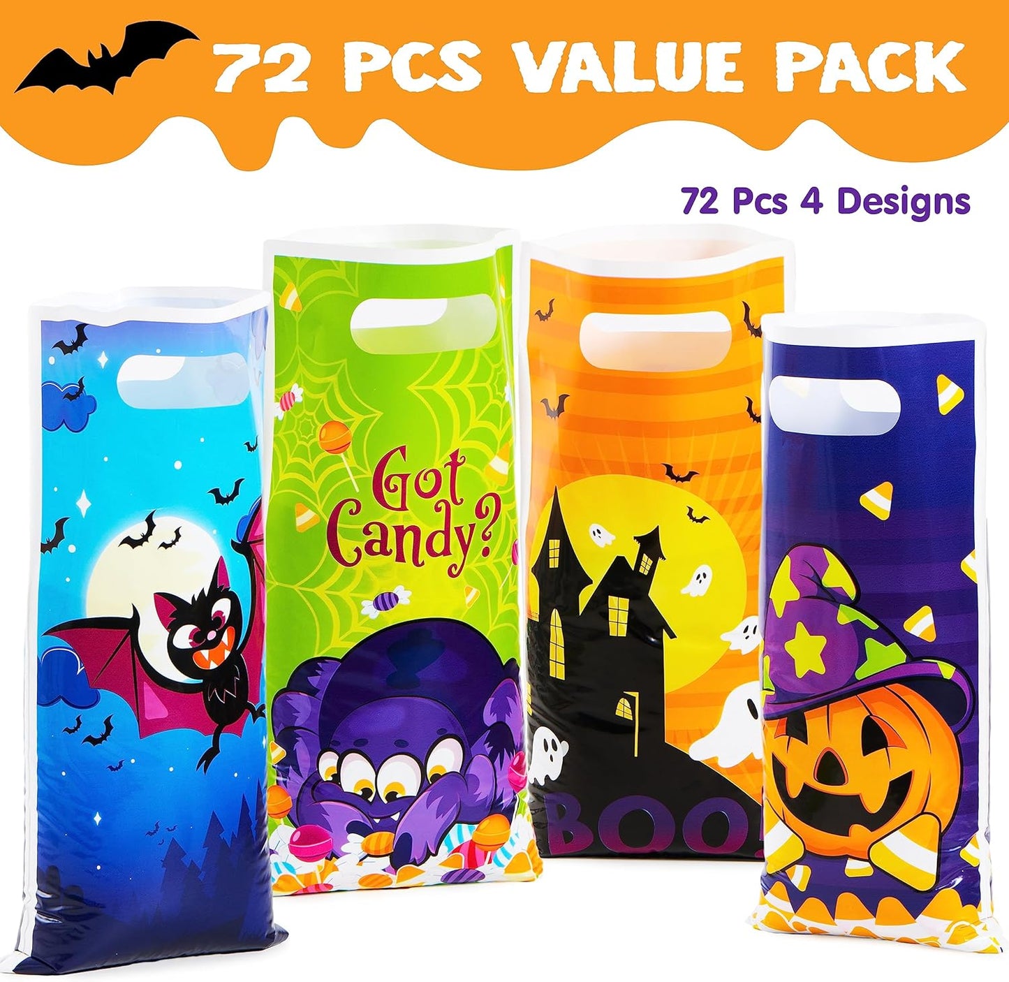 JOYIN 72 PCS Halloween Trick or Treat Bags, Halloween Goodie Candy Bags, Goody Gift Bag, 4 Designs Plastic Snack Bag Bulk for Kids Trick or Treating, Classroom Party Favors, Event Party Supplies