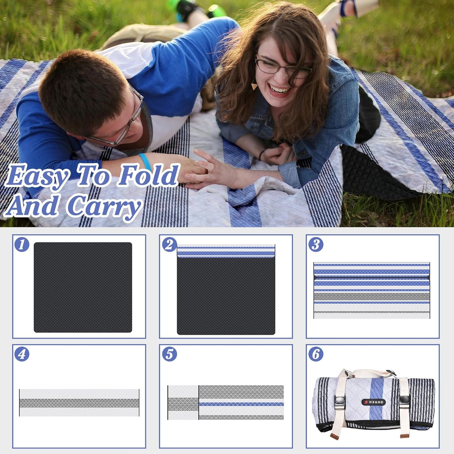 Waterproof Picnic Mat, Outdoor Camping Oversized Field Blanket. Portable Thickened Camping Blanket, Suitable for Beach, Camping, Music Festival, Party, Outdoor Adventure. (Black&Blue&White, 80”x80”)
