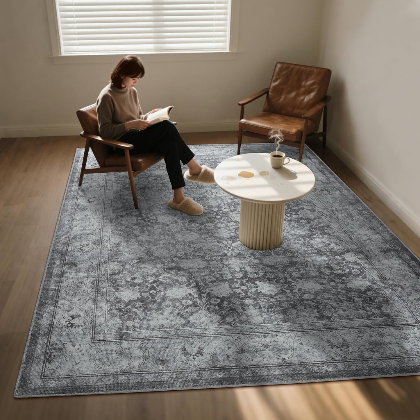 Large 8x10 Washable Area Rug for Living Room, Non Slip Vintage Traditional Rugs for Bedroom, Indoor Thin Accent Floral Nursery Carpet for Dining Room, Farmhouse (Distressed Grey)